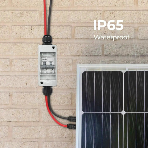 Solar Panel Disconnect Switch 400V DC And AC 20A Mini Breaker with DIN Rail Enclosure shown installed next to solar panel.