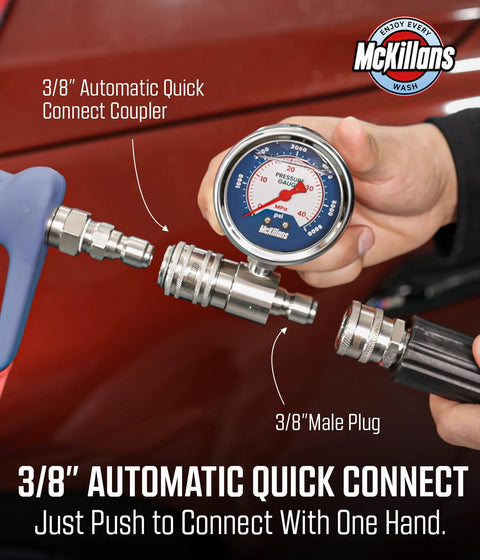 McKillans pressure gauge for power washers, 3/8 inch automatic quick-connect, stainless steel body.