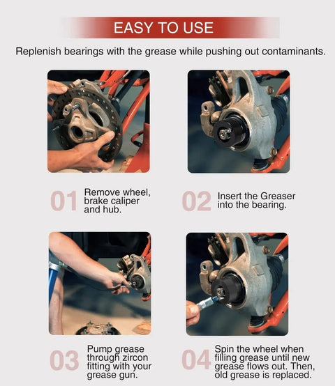 Step-by-step guide using 40mm And 44mm Front And Rear Wheel Bearing Greaser Tool Kit for ATV UTV SXS maintenance.