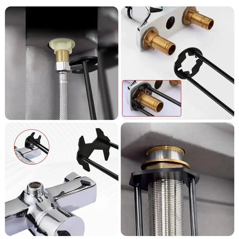 Image showing Two Pack Basin Wrench Set For Tight Spaces Universal Faucet Nut Tool with Four Jaw Hex Spanner in use on plumbing fittings.