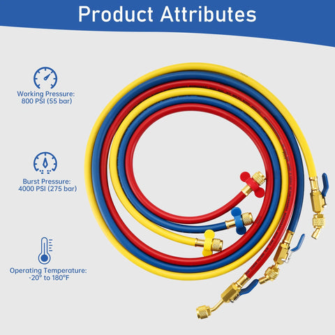 Lichamp A2L refrigerant hose set with ball valves, 60-inch, 3-pack, color-coded red/blue/yellow hoses with brass adapters