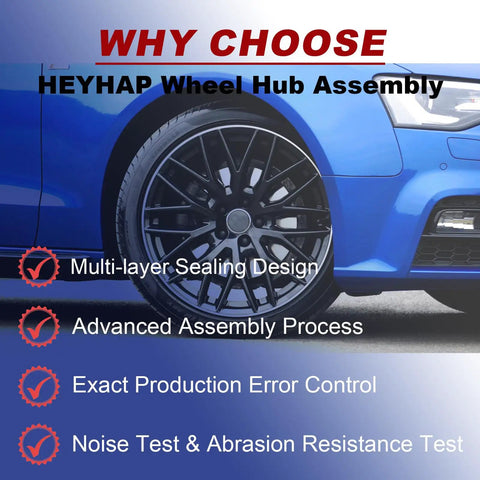 Blue car with text highlighting features of HEYHAP wheel hub assembly, focus on wheel, 512544 Rear Wheel Bearing And Hub Assembly For Honda.