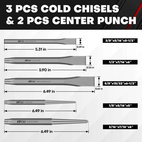 Diagram of punch and chisel sizes from Sixteen Piece Punch And Chisel Set With Storage Pouch Including Taper Punches Cold Chisels And Center Punch Chrome Vanadium Steel Build For DIY Metalworking And Home Workshop Projects Pro Grade Gear For Your Next Project