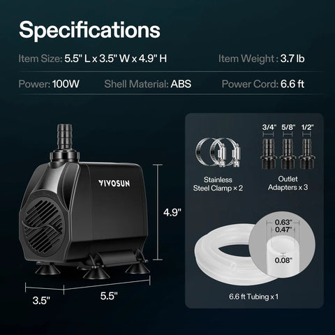 VIVOSUN submersible water pump, 1050 GPH, 100W, black ABS housing with 6.6 ft tubing, 2 clamps, 3 adapters