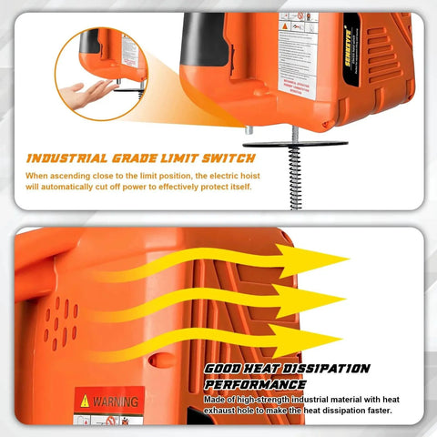 Electric Portable Hoist Winch 1500Lbs 3 In 1 Lift System with 110V power showing limit switch and heat dissipation features