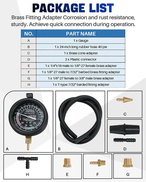 Car Vacuum and Fuel Pump Tester Gauge Kit for Fuel Pressure and Vacuum Diagnostics packaging with parts list and components.