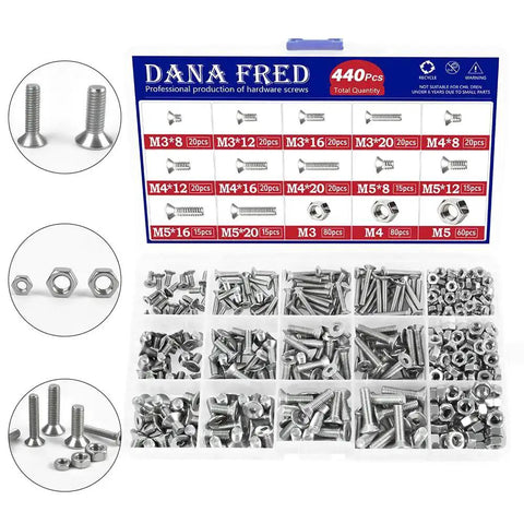 440 Piece Flat Hex Socket Head Cap Screws Kit In 304 Stainless Steel M3 M4 M5 Metric Threads With Countersunk Allen Drive Bolts And Nuts