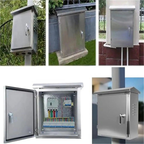 Heavy Duty 304 Stainless Steel Waterproof Electrical Box Enclosure For Street Lighting Weatherproof Junction Chest And Control Panel Cabinet Outdoor Grade Industrial Box With 10 By 12 By 6 Inch Size And 0.8 Millimeter Wall, various installation views