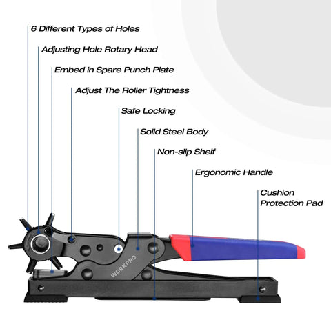 Heavy Duty Rotary Leather Hole Punch Kit With Six Size Options For Belts, Dog Collars, Watch Bands - Side View with Features Labeled