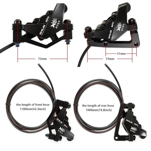Hydraulic e-bike brake kit with front and rear calipers, 1100mm and 1900mm hoses, 180mm rotors