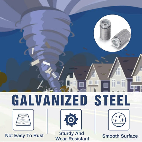 Concrete Anchors 1/4-20 Thread For Hurricane Shutter Hardware Wall Anchor Bolts And Machine Screw Bolts Set Of 25 Pieces For Secure, Reliable Shutter Installation On Concrete Surfaces, shown against stormy background with galvanized steel features.