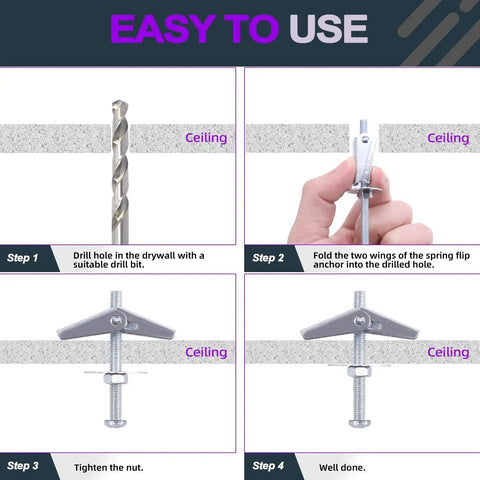 Steps using Heavy Duty Toggle Bolt And Wing Nut Kit 120 Piece Set With 30 Toggle Bolts 30 Wing Nuts for drywall installation