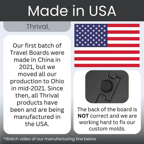 Graphic explaining Thrival's production shift to Ohio, USA, with USA flag and note on board mold correction.