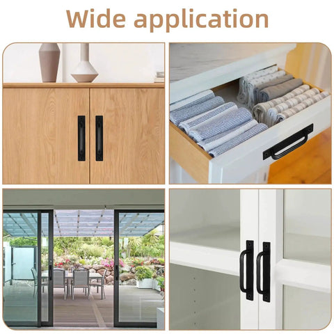 12 Pack Black Barn Door Handle Cabinet Pulls Aluminum Alloy 5.8 Inch Long installed on kitchen cabinets and sliding doors