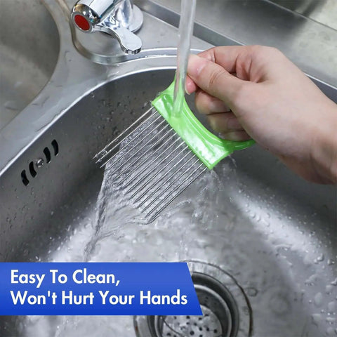 Washing green onion holder from Four Piece Onion Holder And Slicer Set For Safe Mess Free Prep under running tap water