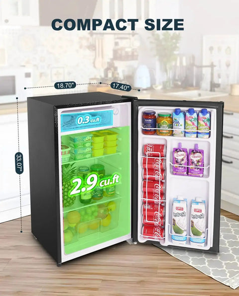 Open 3.2 Cu Ft Single Door Mini Fridge With Freezer For Dorm Office Bedroom Black showing shelves with drinks and snacks.