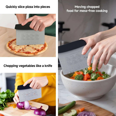 2 Pack 6 Inch Stainless Steel Bench Scrapers With Measuring Scale Dough Scraper And Pastry Chopper used for food prep.