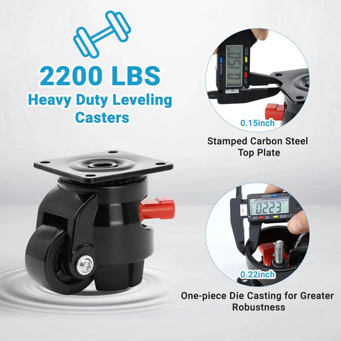 Heavy Duty Leveling Casters For Industrial Machines With Upgraded Ratchet Arm Design Retractable Castors, 2200 LBS Capacity, diagram showing dimensions