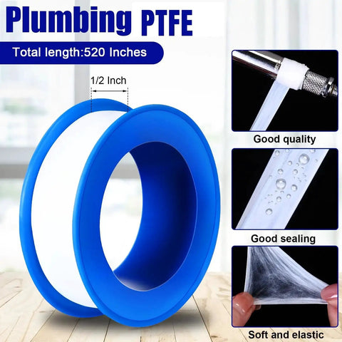 100 Rolls PTFE Tape One Half Inch By 520 Inches For Plumbing Sealant Waterproof Leak Proof Sealing Tape, Great For Shower Heads, Water Pipes, And DIY Repairs, White shown in blue dispensers with sealing application example.