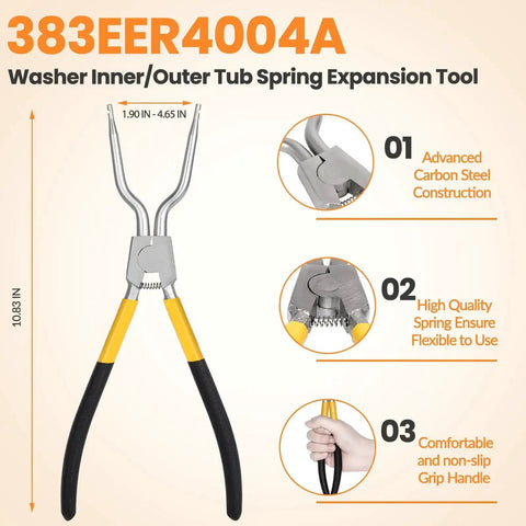 Washer Spring Expansion Removal Tool For Front Load Washers Fits LG Samsung Whirlpool Kenmore And More Easy To Use Door Boot Spring Clamp Removal Tool For Inner Outer Door Boot Seals, showing full tool with black and yellow grip.