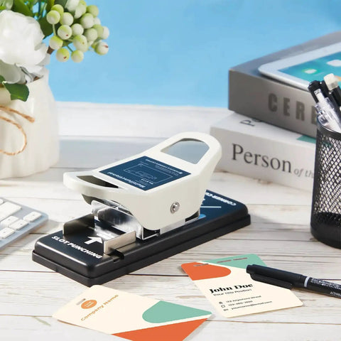 2 In 1 ID Badge Slot Hole Punch For 3x13mm Slots And R5 Card Corner Trimmer on desk with cards