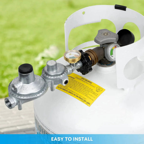 Two Stage Propane Regulator With Gauge For RVs Vans And Trailers, Vertical Style, POL Tank Connection, 3/8 Inch Female NPT, Installed