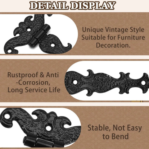 Detail view of Antique T Strap Hinge Set Four Pieces Black Zinc Alloy Hinges with vintage decoration and rustproof finish