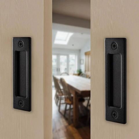 Matte Black Sliding Barn Door Handles Set With Included Hardware Kit installed on interior door, modern design