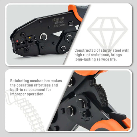 Pro Grade Ratchet Wire Crimping Tool Set with 5 Interchangeable Jaws for Insulated and Non-Insulated Terminals, close-up view