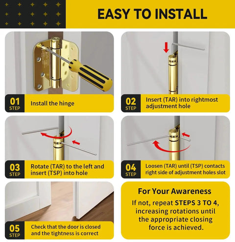 Installation steps for 2 Pack Self Closing 4 Inch Door Hinges With Spring Loaded Action For Garage Front Back Doors Left Or Right Hand