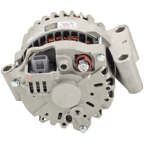 Front view of the Beefed Up 110 Amp 100 Percent New Alternator Replacement for Ford Excursion and Ford E Series Plus F 250 F 350 F 450 F 550 trucks.
