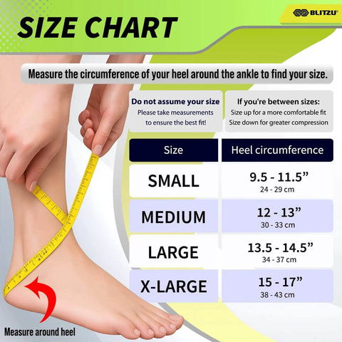 Chart for All Day Comfort Ankle Support Brace For Men And Women With Adjustable Strap showing heel circumference sizing