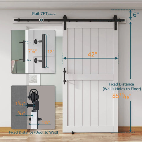42 By 84 Inch Sliding Barn Door With Seven Foot Hardware Kit And Handle, Floor Guides, Pre Drilled Holes, Easy Assembly, Waterproof PVC Surface, H Frame, White Finish, DIY Friendly Installation Manual Included