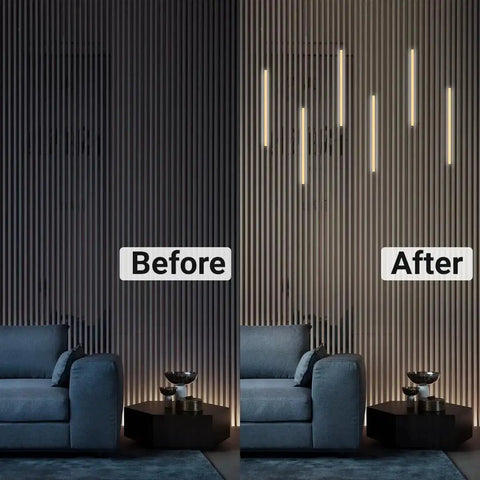Before and after of room with Black LED Recessed Lighting Kit Dope Six Pack Sixteen Inch 3000K Dimmable Warm White Lights on wood slat wall.