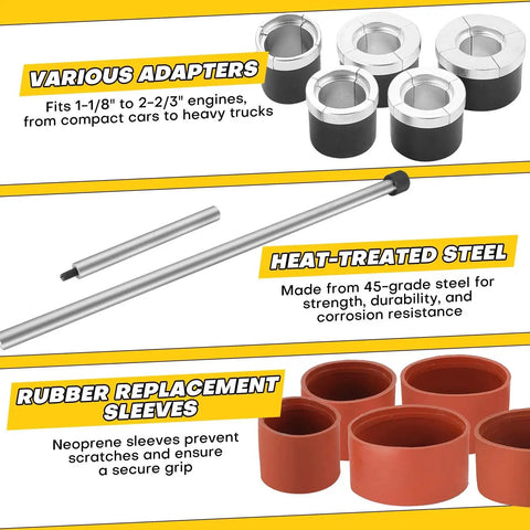 Cam Bearing Removal And Installation Tool Set Universal For Camshaft Bearings From 1.125 To 2.690 Inches, includes adapters, steel bar, and sleeves.