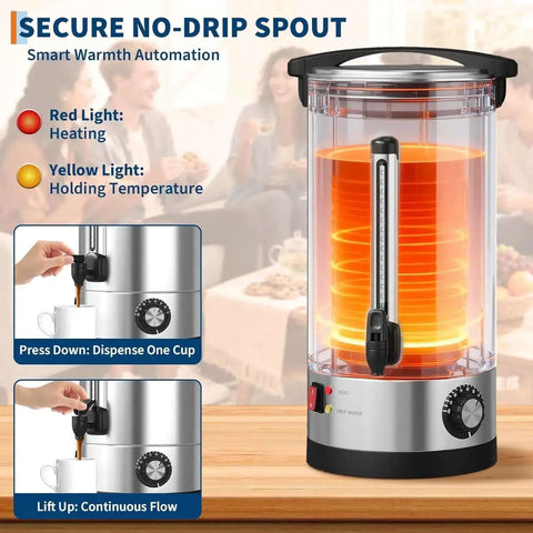 Massive 110 Cup Commercial Coffee Urn With Double Wall Insulation 16 Liter 4.2 Gallon Stainless Steel Beverage Dispenser shown with secure no-drip spout and automatic temperature control.