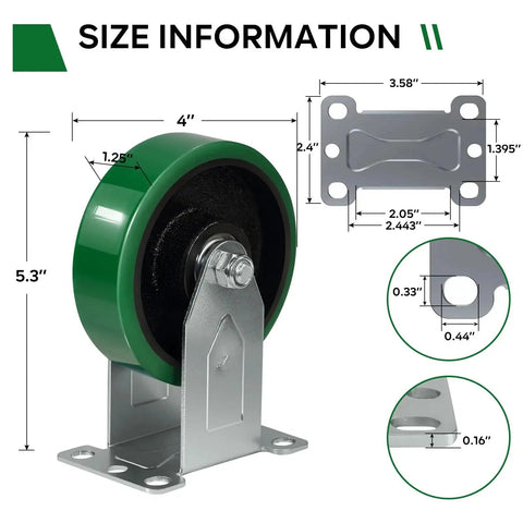 Dimension diagram of Beefed Up 4 Inch Caster Wheels Set Of 4 With Polyurethane On Cast Iron Core Swivel Casters displaying measurements.