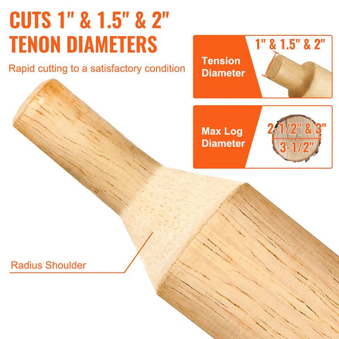 DIY Tenon Cutter Kit For Log Furniture Making With 1 Inch, 1.5 Inch And 2 Inch Blades showing tension and max log diameters