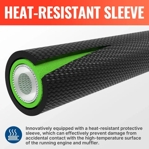 Close-up of upgraded 50 ft pressure washer hose with heat-resistant sleeve, detail on wear-resistant material and construction.