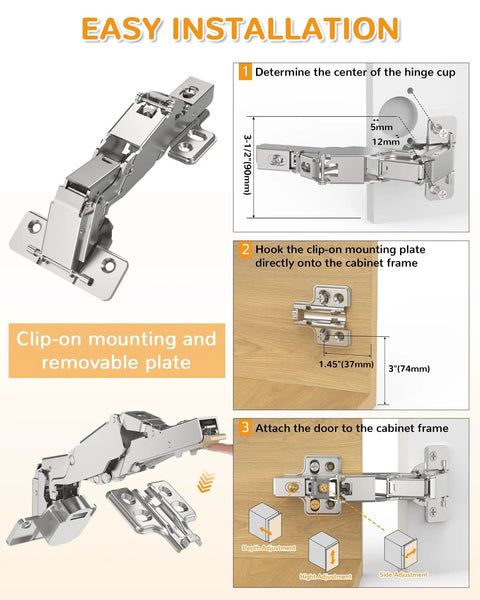 165 Degree Soft Close Corner Cabinet Hinges For Frameless Kitchens Clip On Plate Hidden Face Mount 3D Concealed Slow Self Closing For Lazy Susans And Foldable Cupboards No Fuss Easy Install 2 Pack installation steps