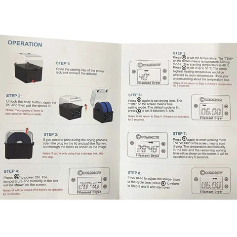 Instruction manual for 3D Printer Filament Dryer Box With Huge Storage For 1Kg Spools, showing operations and drying steps.
