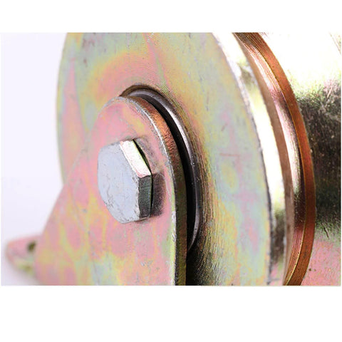 Close-up of Beefy Heavy Duty Sliding Gate Roller With Steel V Shaped Wheel Dual Bearing Track Rail Caster
