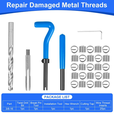 30 Piece SAE Thread Repair Kit With HSS Drill Bit And Helicoil Style Wire Thread Inserts For Internal Thread Repair Of Stripped Holes In Metal