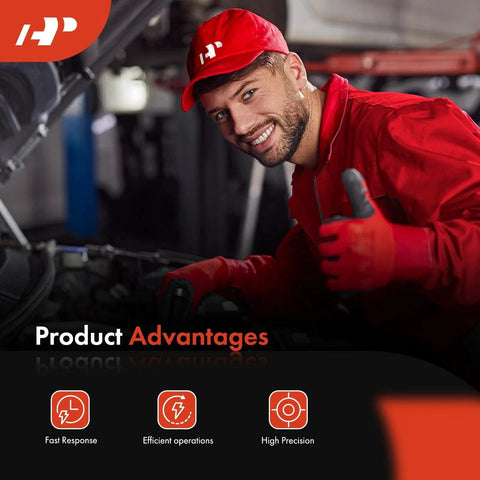 Mechanic in red uniform pointing at engine, highlighting product advantages of fast response, efficient operations, high precision.