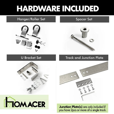 Brushed Nickel Sliding Barn Door Hardware Kit components including hangers, spacers, U brackets, track, and junction plate.
