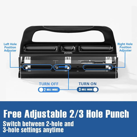 Heavy Duty 2 Or 3 Hole Punch With Adjustable Heads And Non Slip Base Nine Thirty Second Inch Hole Diameter 40 Sheet Capacity Easily Switch Between 2 And 3 Holes Compatible With A4 And US Letter Binders Works Like A Charm For Office School Home, front view.