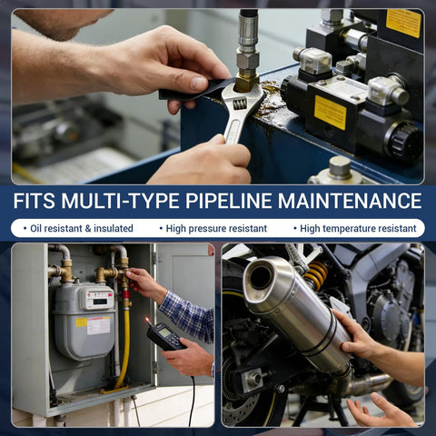 Gasket material in use during pipe maintenance; 14x11 inch, 1.0mm, non-asbestos
Gasket material DIY context; gas line service with technician and gas meter
Gasket material for exhaust work; technician holds a muffler