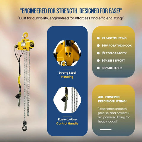 Half Ton Pneumatic Air Hoist With 20 Foot Lift And Pendant Throttle Control showcasing steel housing and control handle.