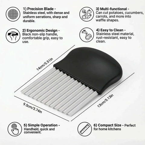 Crinkle Cut Potato Cutter And French Fry Slicer With A Durable Stainless Steel Blade For Kitchen And Cooking Delivers Uniform Ripple Style Fries And Decorative Veggie Chips Easy Grip Black 1 Piece with features highlighted.