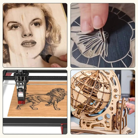 Collage showing uses of Baltic Birch Plywood Sheets 12 By 12 Inches One Eighth Inch Thick Box Of 45 Sheets For Laser Engraving Wood Burning.